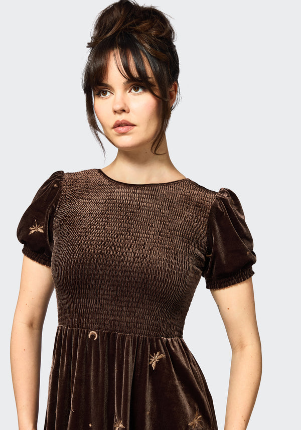 Seraphine Dragonfly Embroidered Velour Smocked Bodice Midi Dress