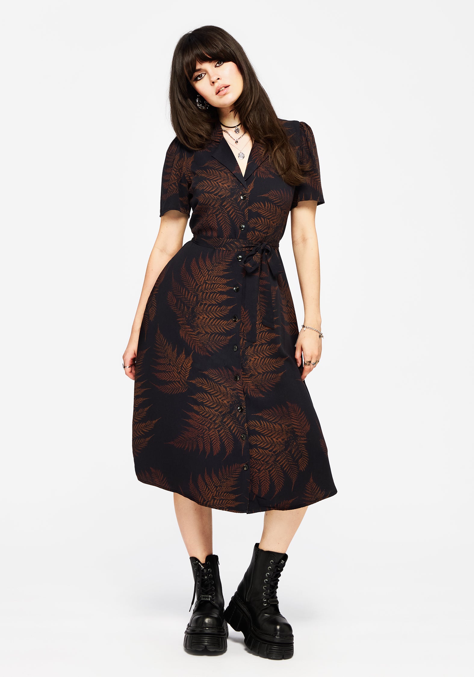 Ruin Fern Printed Midi Shirt Dress - Brown
