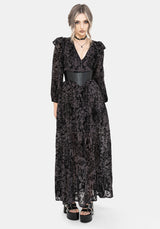 Thorned Flocked Chiffon Castle Print Frill Neck Maxi Dress