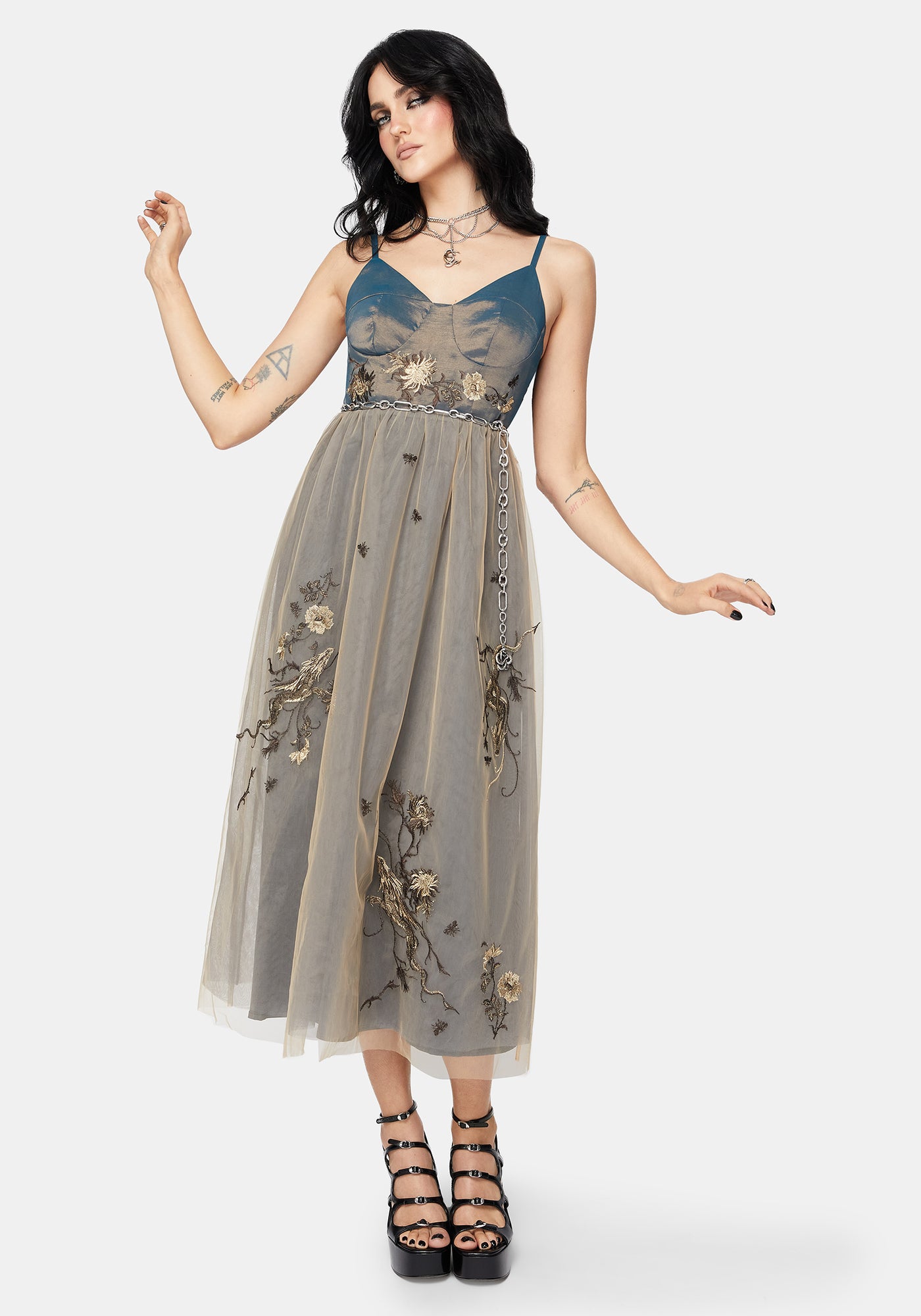 green emerald velvet dress Whim Dragon Embroidered Tulle Midaxi Dress