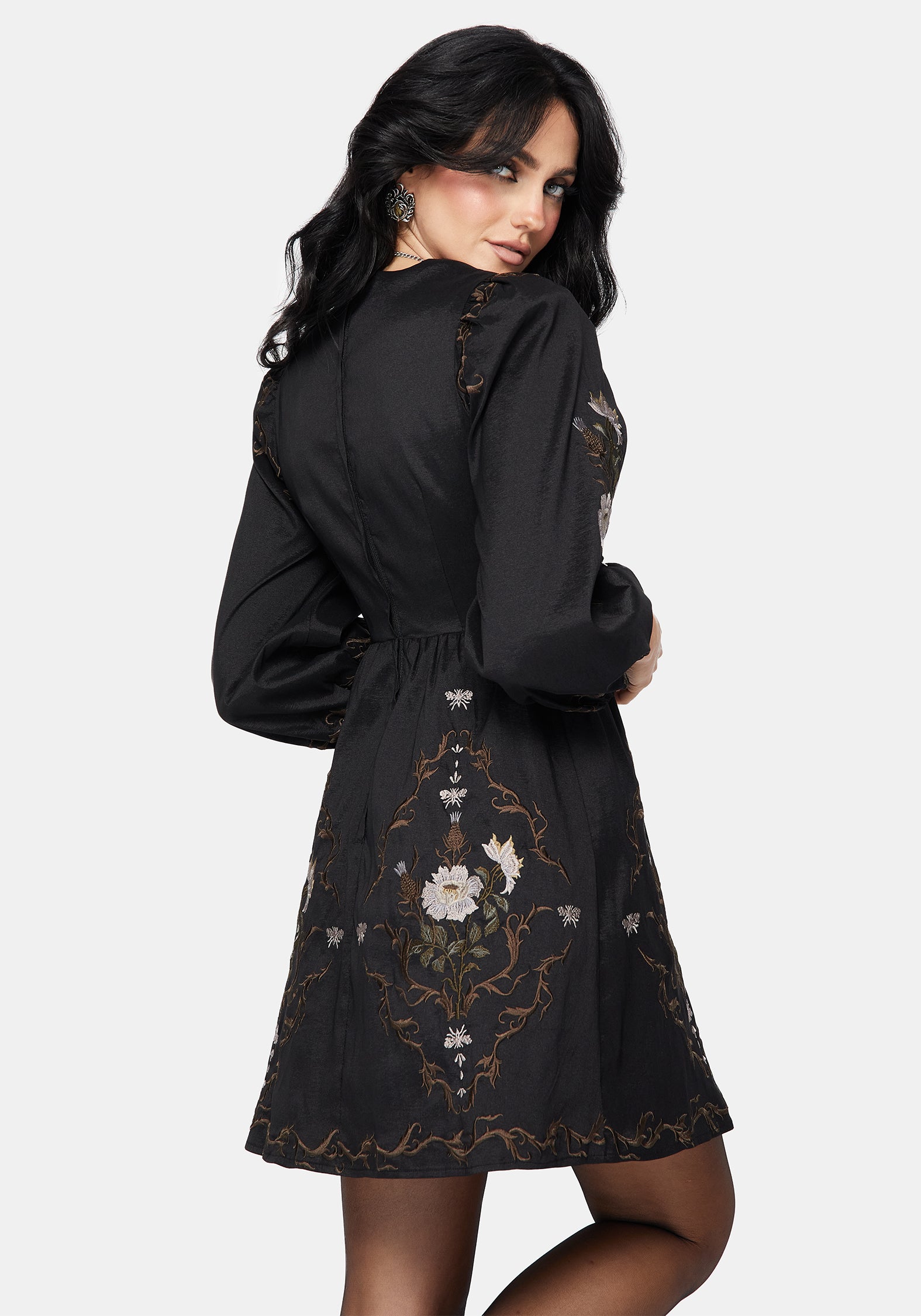 black embroidered flowers topstitching long sleeve mini dress FARM Rio - Garden Silhouette Long Sleeve Mini Dress in Black