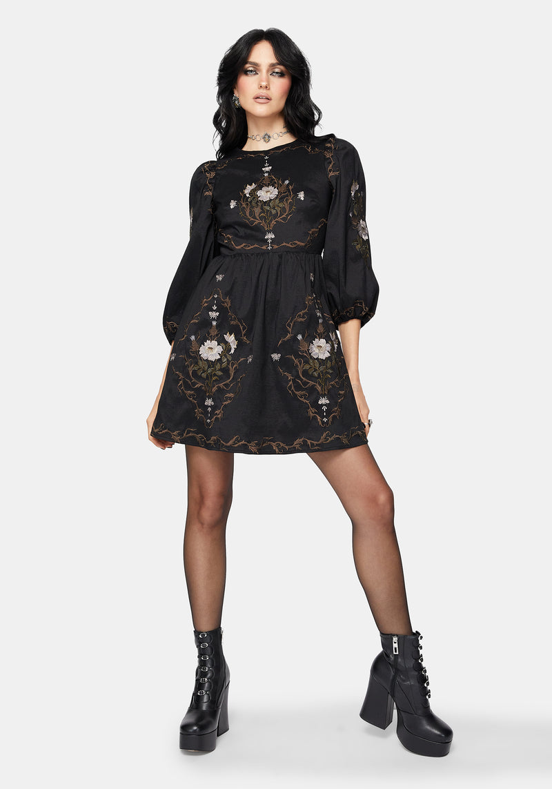 Vine Floral Embroidered Long Sleeve Mini Dress
