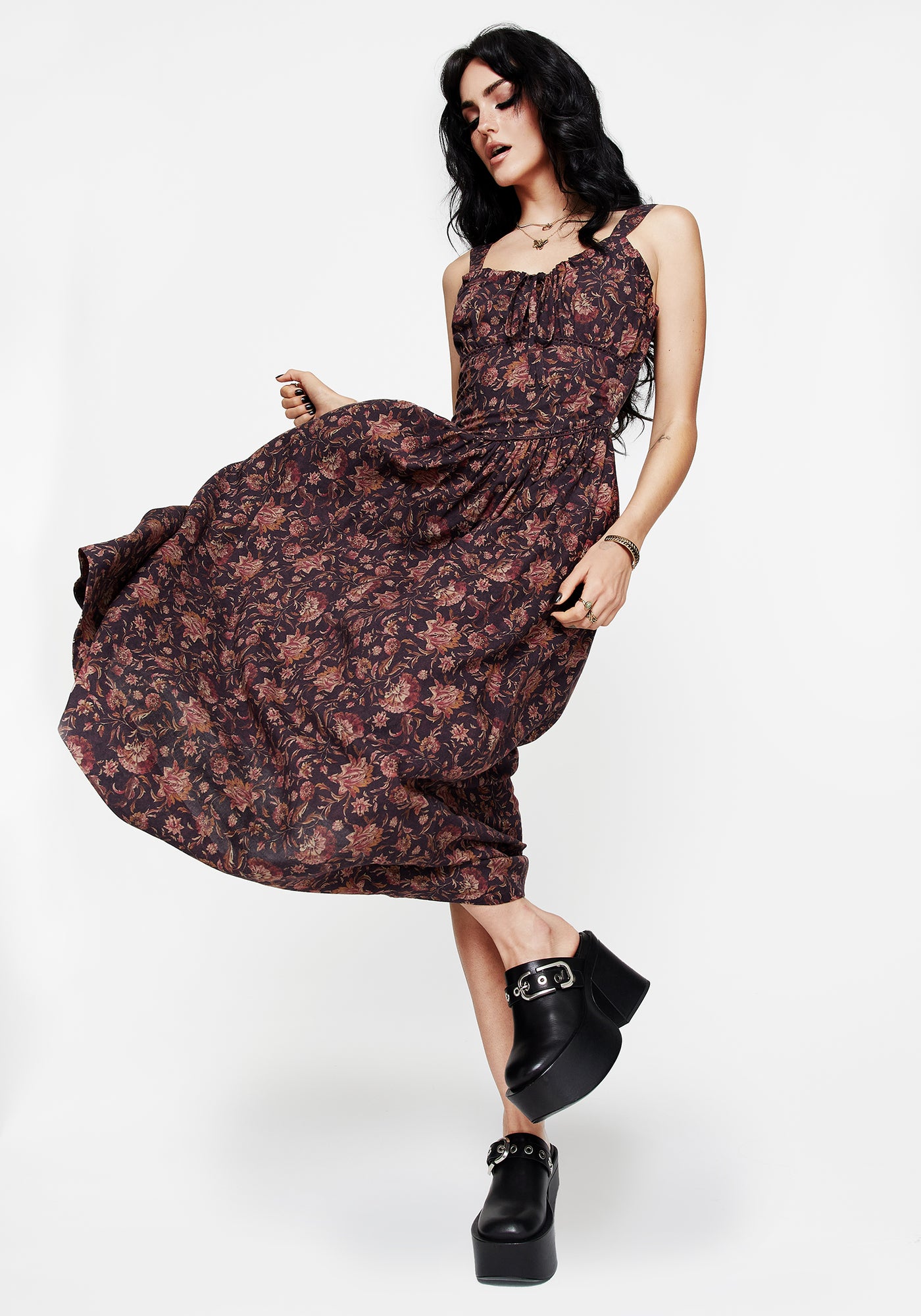 anora maxi dress in copper & black ditsy Skye Shirred Back Midaxi Dress | Disturbia