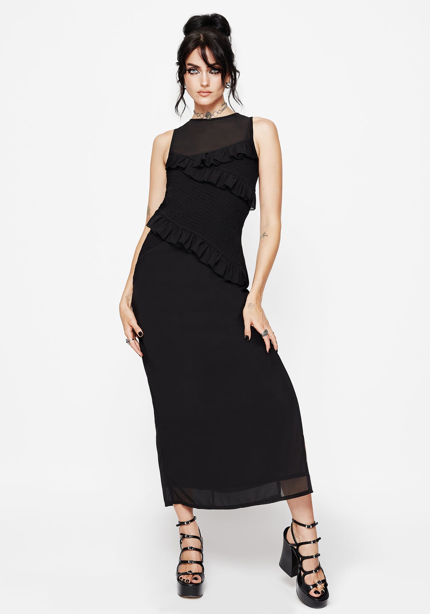 Reflections Black Frill Detail Sleeveless Maxi Dress | Disturbia