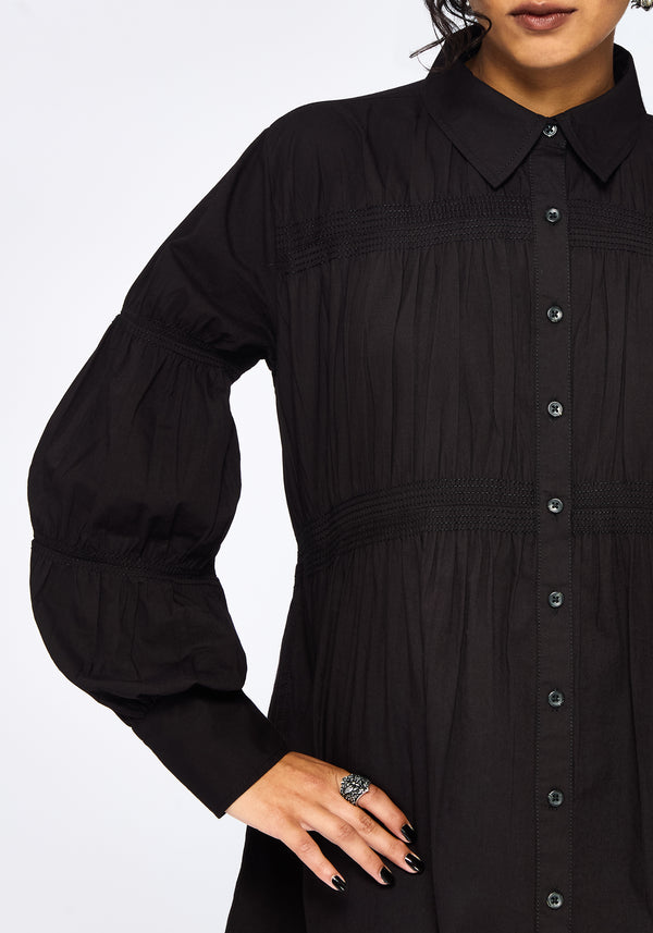 Incantation Cotton Blend Smocked Mini Shirt Dress