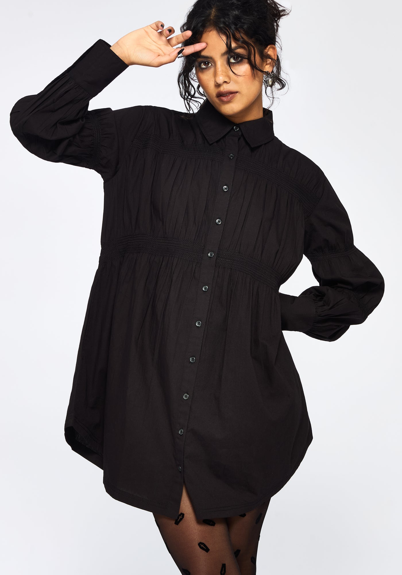 Incantation Cotton Blend Smocked Mini Shirt Dress – Disturbia
