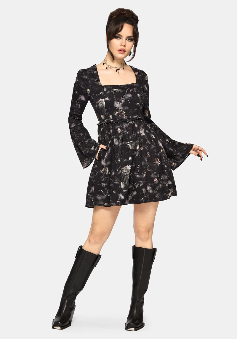 moth mini dress Crimson Magpie and Moth Print Mini Ruffle Dress – Disturbia