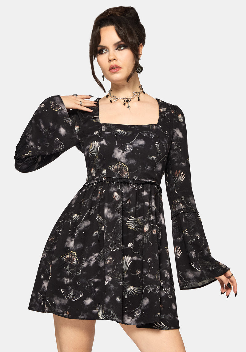 moth mini dress Crimson Magpie and Moth Print Mini Ruffle Dress – Disturbia