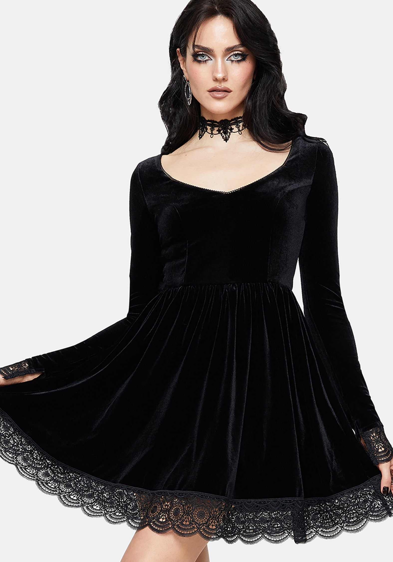Orbweb Long Sleeve Lace Hem Velour Mini Dress US 6