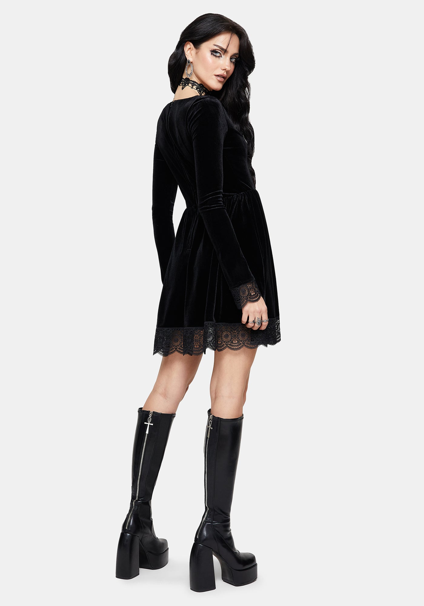 Orbweb Long Sleeve Lace Hem Velour Mini Dress – Disturbia