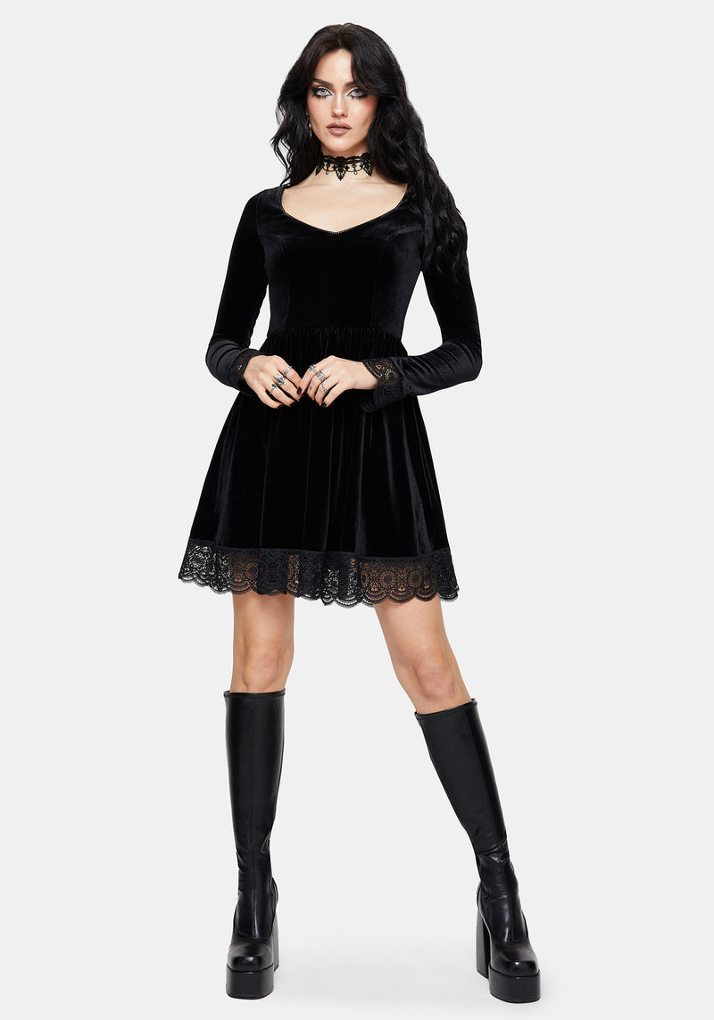Orbweb Long Sleeve Lace Hem Velour Mini Dress – Disturbia