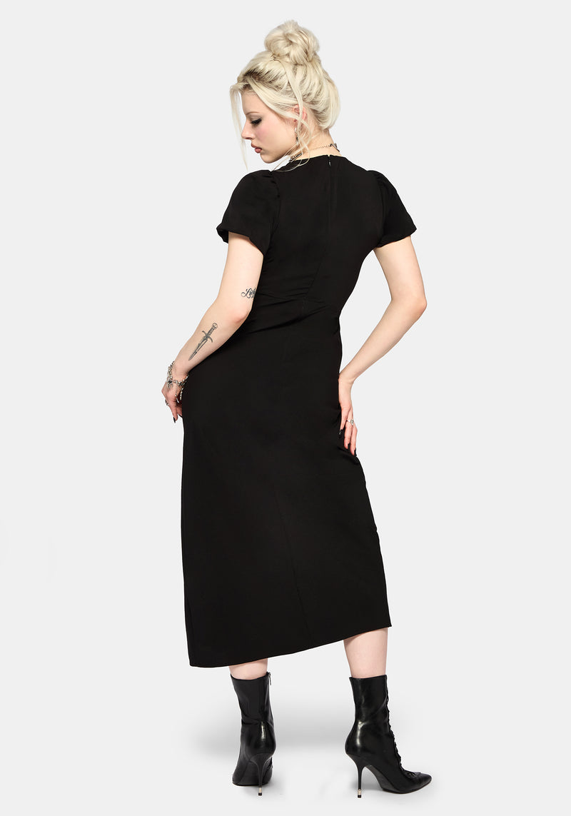 aubrey midi dress Aubrey Crow Skull Embroidered Twist Front Midi Dress – Disturbia