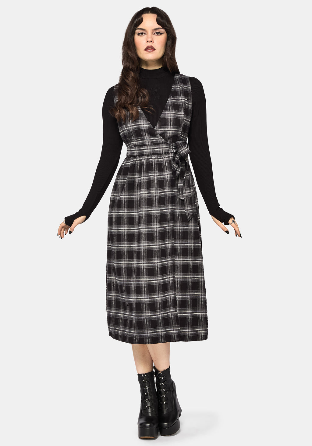 Lochan Check Wrap Pinafore Midi Dress Disturbia Lochan Check Wrap Pinafore Midi Dress Disturbia