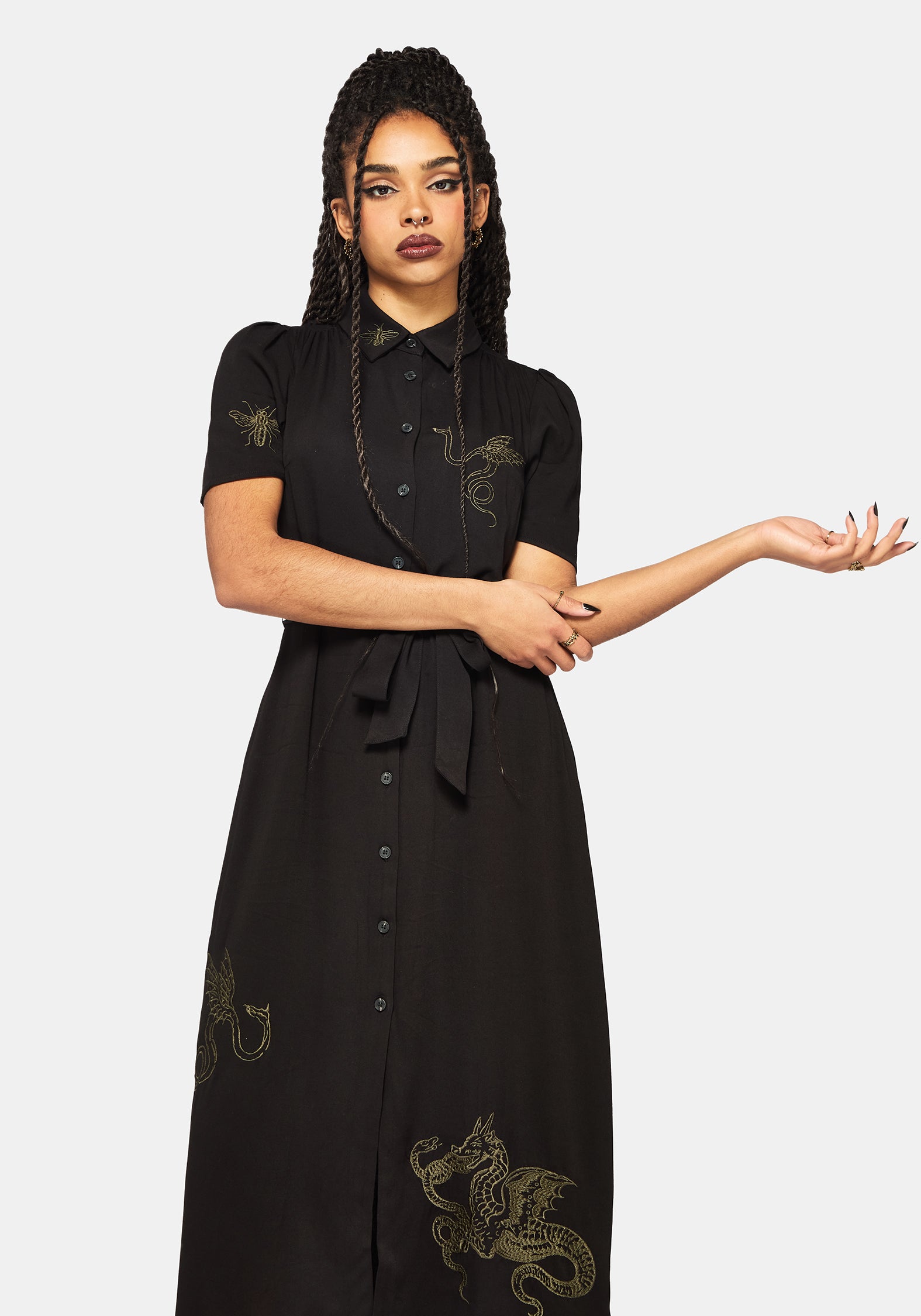 Isara Dragon Embroidered High Low Midaxi Shirt Dress – Disturbia