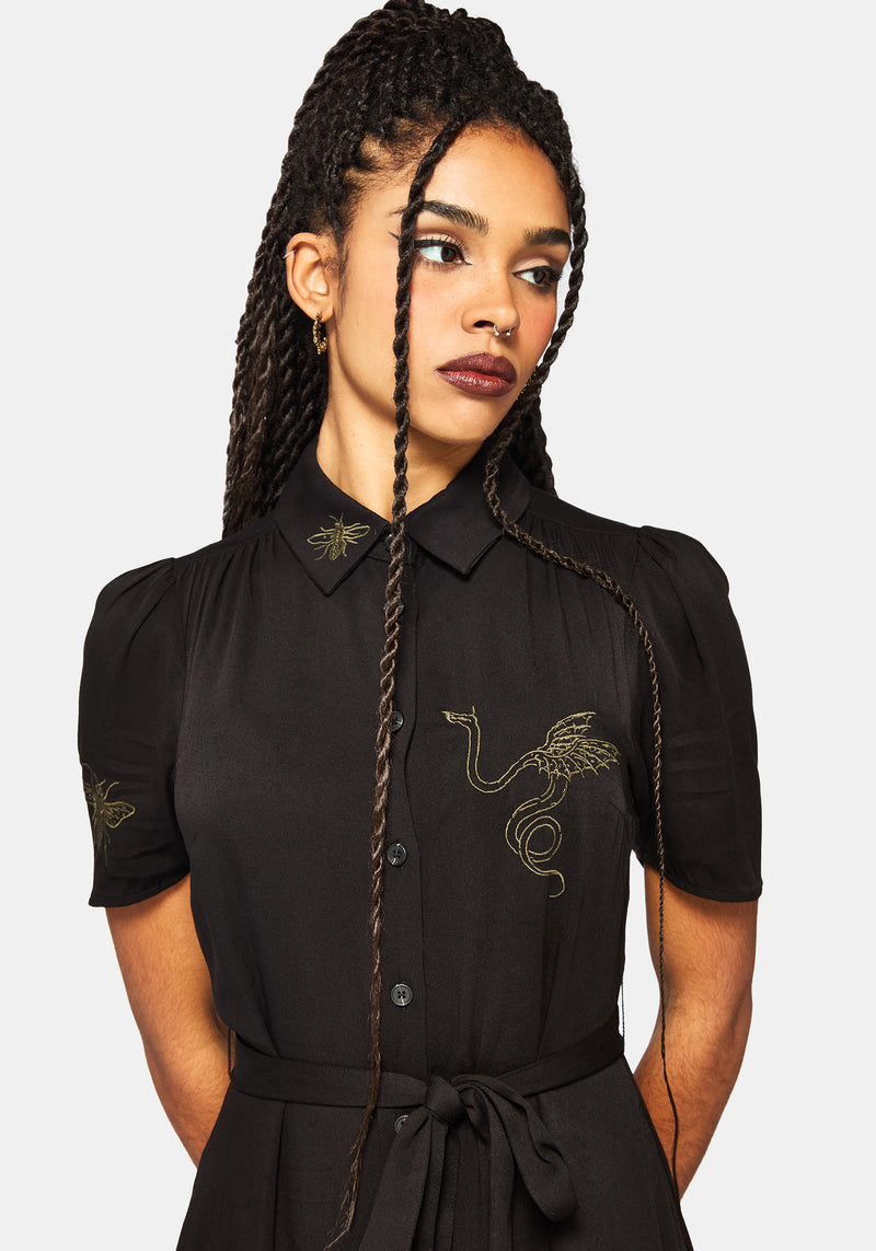green emerald velvet dress Miss Circle Jamila Black Shirt Mini Dress with Embroidered Waist Detail XXS