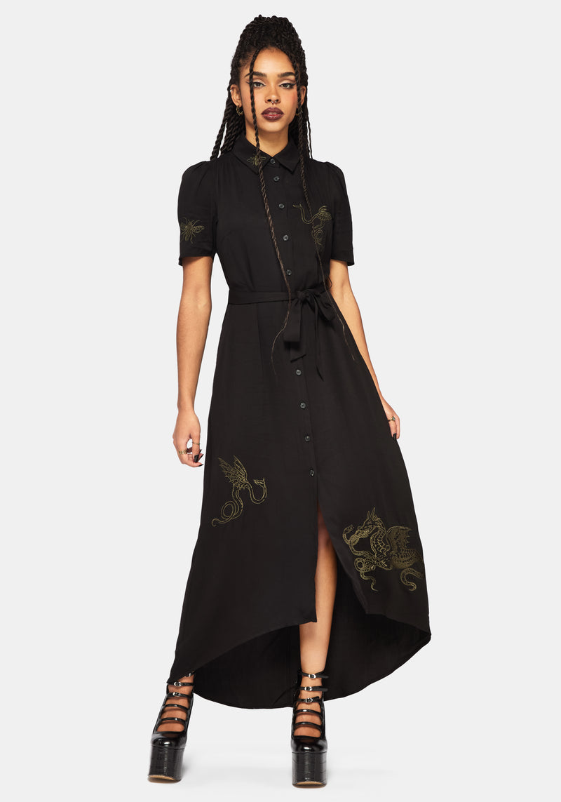 Isara Dragon Embroidered High Low Midaxi Shirt Dress Isara Dragon Embroidered High Low Midaxi Shirt Dress