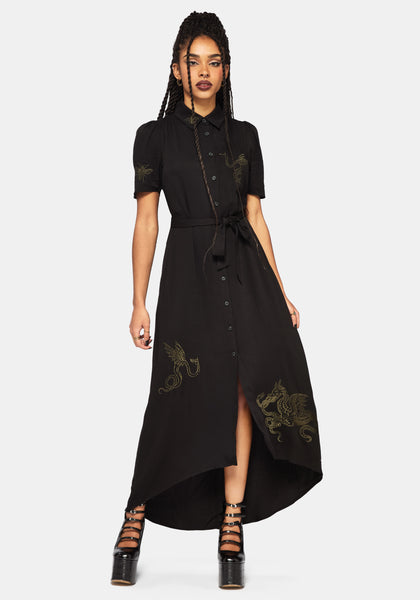 Isara Dragon Embroidered High Low Midaxi Shirt Dress  Disturbia