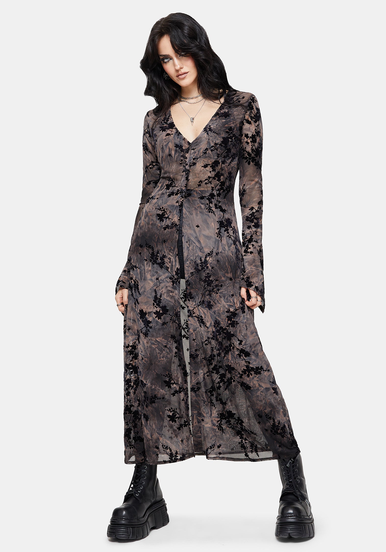 Monroe Flocked Mesh Long Sleeve Midaxi Overdress US 6