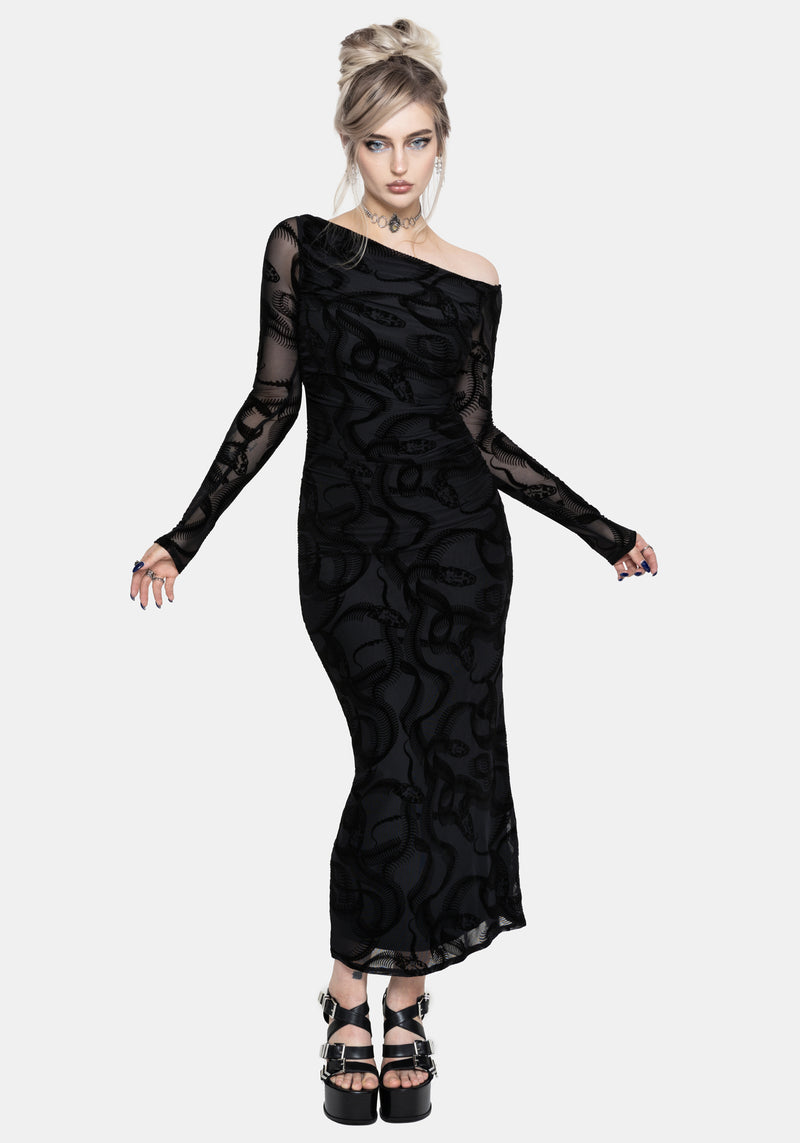 snake long sleeve dress Paleo Flocked Mesh Skeletal Snake Long Sleeve Midaxi Dress