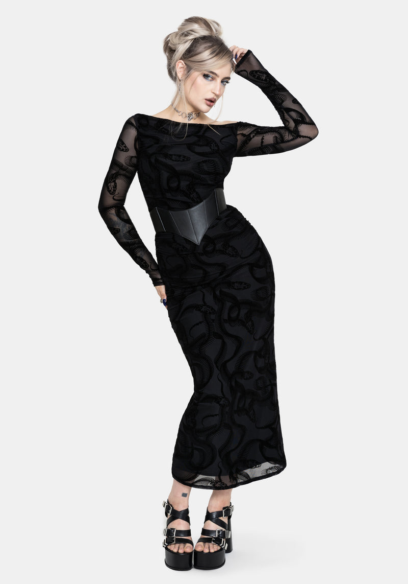 knee length dresses for ladies Midnight Midi Dress in Slime Lime Snake Mesh – motelrocks-com-us main image 0