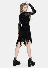 Paleo Flocked Mesh Skeletal Snake Asymmetric Hanky Hem Mini Dress