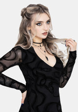 Paleo Flocked Mesh Skeletal Snake Asymmetric Hanky Hem Mini Dress