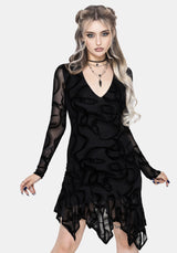 Paleo Flocked Mesh Skeletal Snake Asymmetric Hanky Hem Mini Dress
