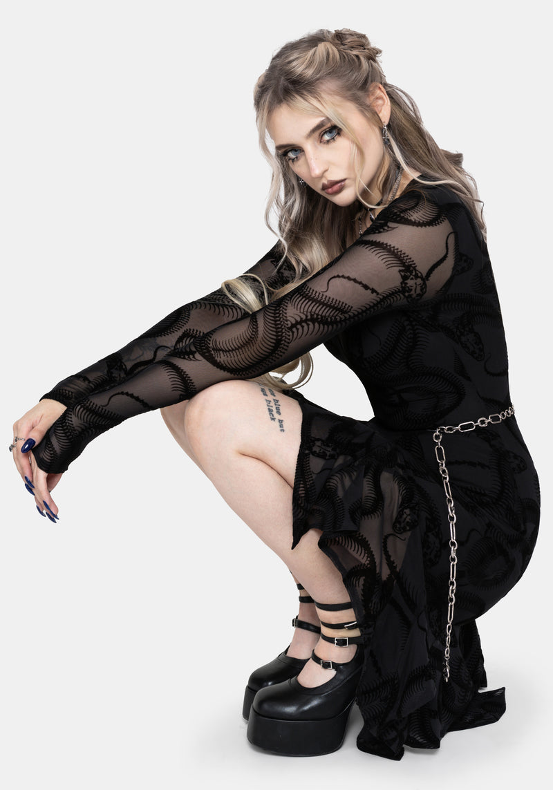 Paleo Flocked Mesh Skeletal Snake Asymmetric Hanky Hem Mini Dress –  Disturbia