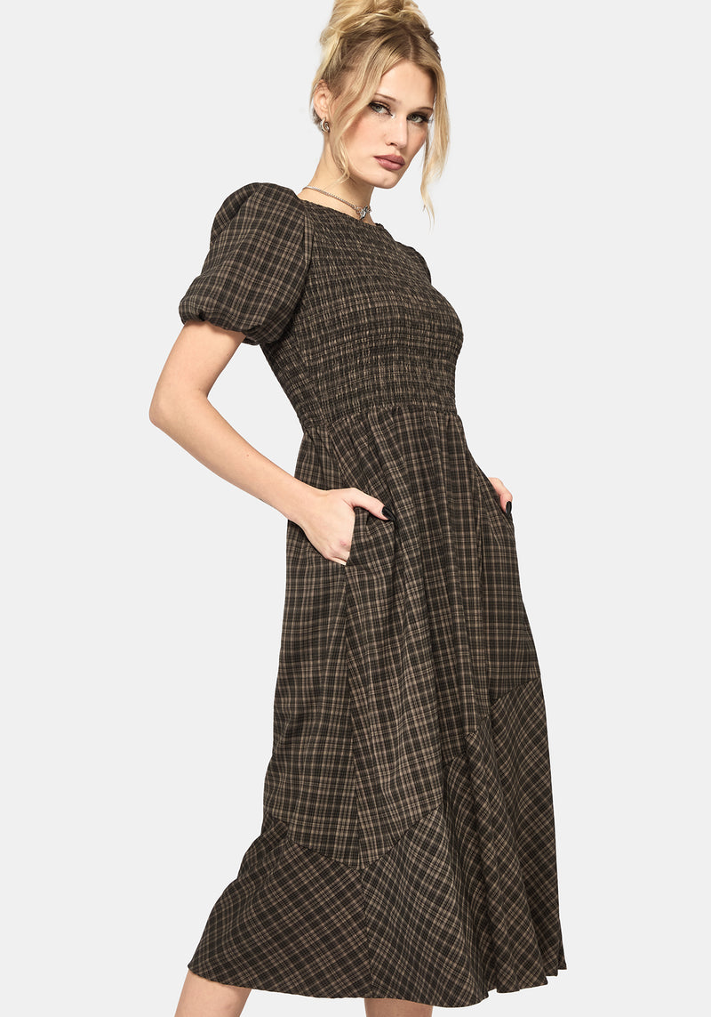 shirred bodice midi dress Rhiannon Check Shirred Bodice Midi Dress – Disturbia