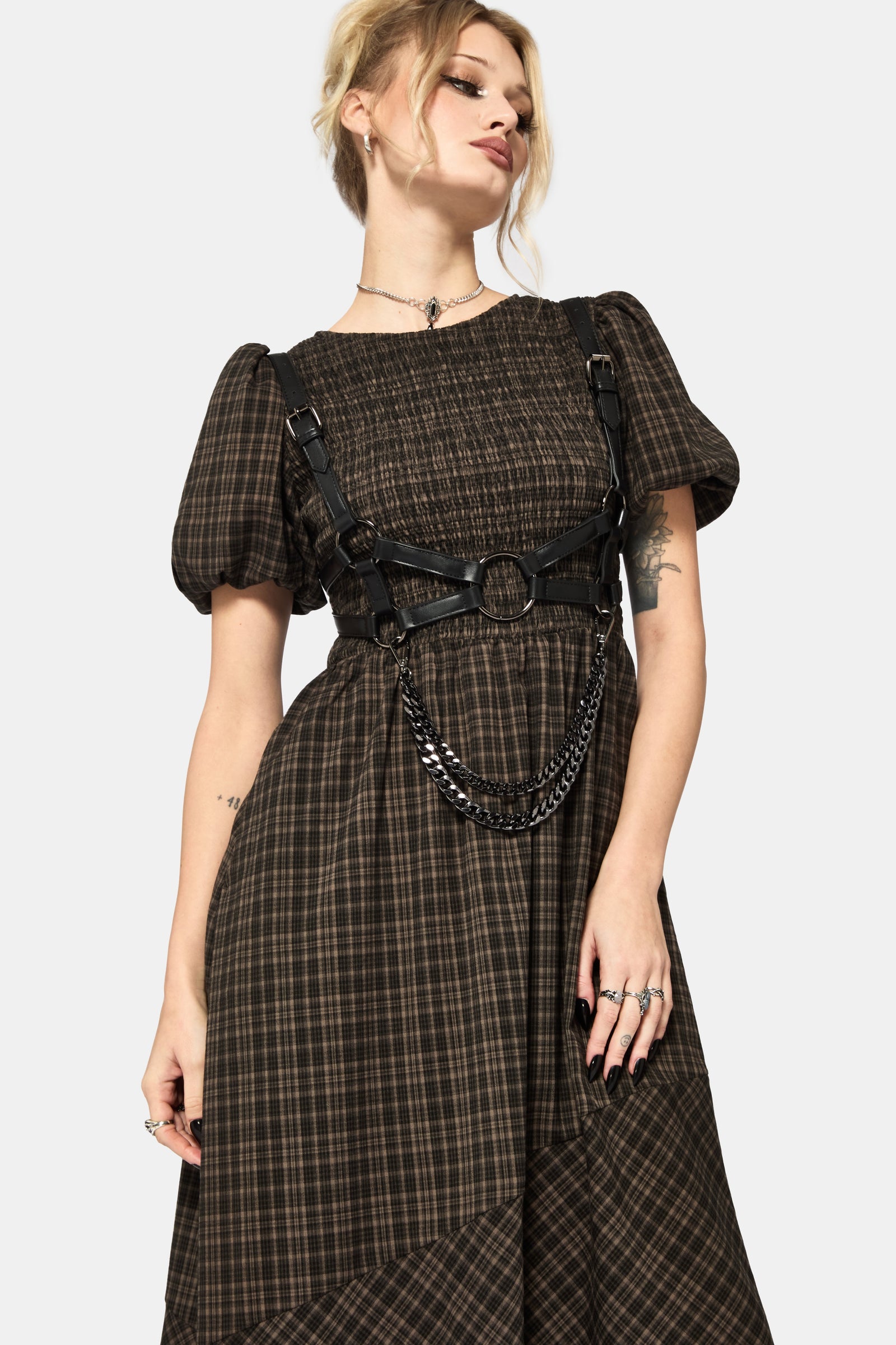 Rhiannon Check Shirred Bodice Midi Dress US 6