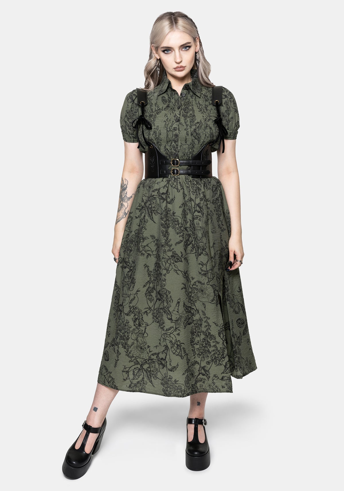 foxglove midi shirt dress Oscar de la Renta Foxglove Dandelion Poplin Short-Sleeve Midi Dress With Belt