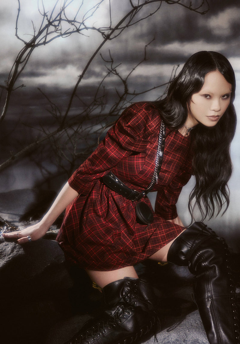 the bonnie mini dress maroon Bonnie Mutton Sleeve Check Mini Dress