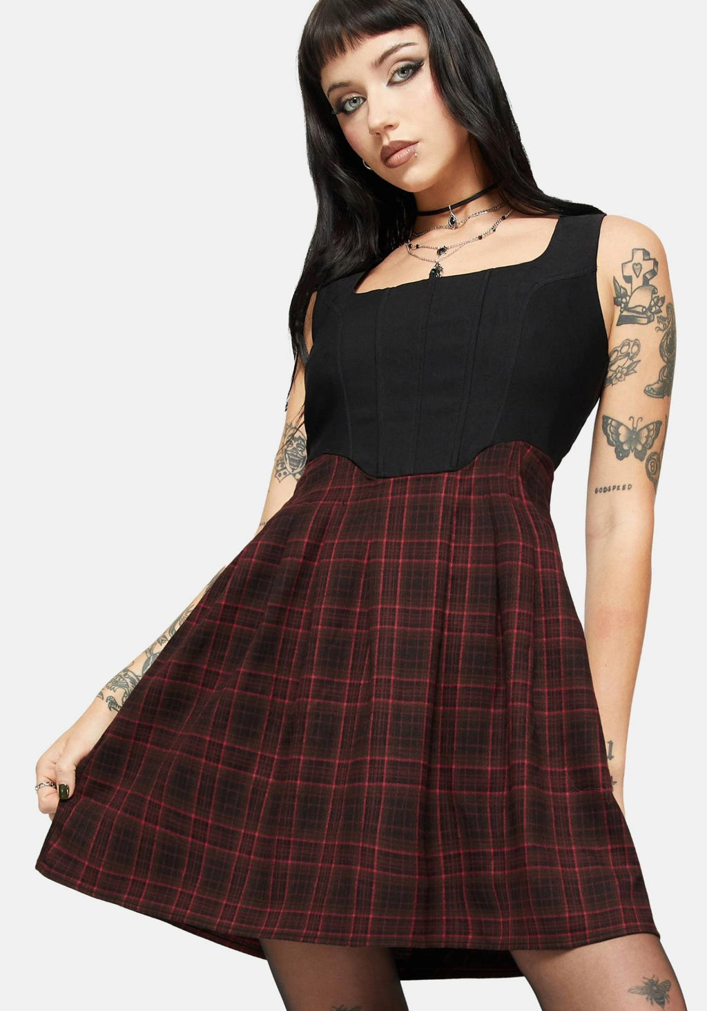 Bonnie Mixed Corset Check Pleated Mini Dress  Disturbia