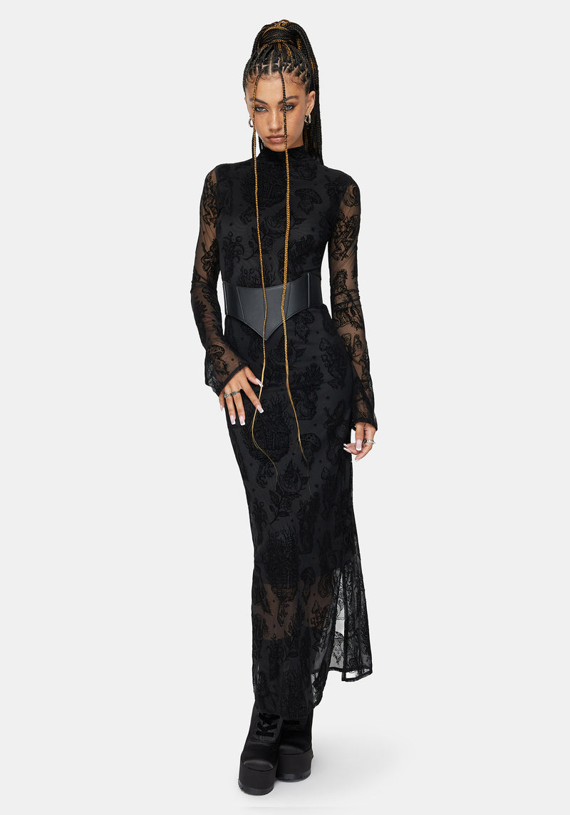 Hexborn Baba Yaga High Neck Flocked Long Sleeve Mesh Maxi Dress Disturbia Hexborn Baba Yaga High Neck Flocked Long Sleeve Mesh Maxi Dress Disturbia