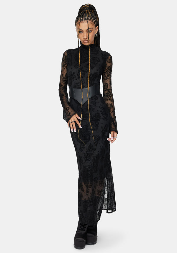 Hexborn Baba Yaga High Neck Flocked Long Sleeve Mesh Maxi Dress