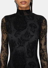 Hexborn Baba Yaga High Neck Flocked Long Sleeve Mesh Maxi Dress
