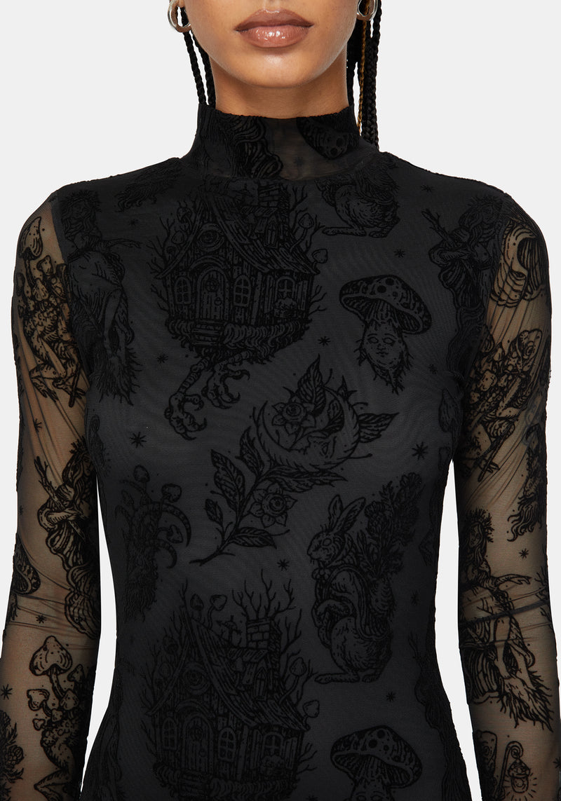 Hexborn Baba Yaga High Neck Flocked Long Sleeve Mesh Maxi Dress