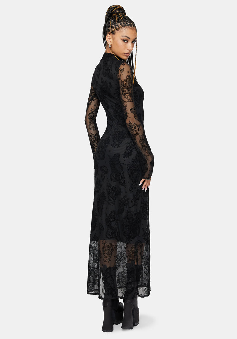 Hexborn Baba Yaga High Neck Flocked Long Sleeve Mesh Maxi Dress