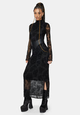 Hexborn Baba Yaga High Neck Flocked Long Sleeve Mesh Maxi Dress