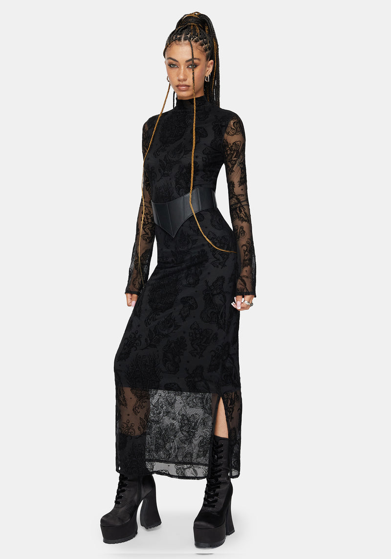 fitted lace wedding dress Hexborn Baba Yaga High Neck Flocked Long Sleeve Mesh Maxi Dress – Disturbia