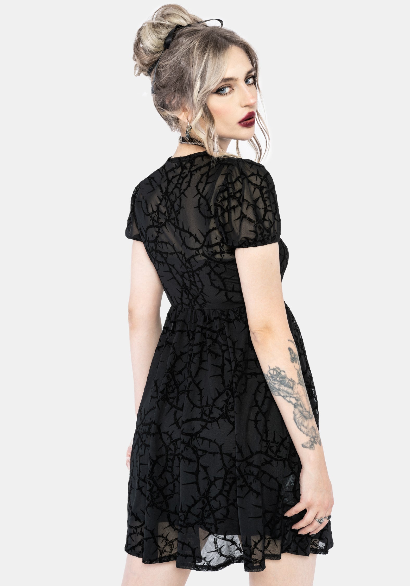 Prickle Thorn Print Mesh Puff Sleeve Mini Dress - Black – Disturbia