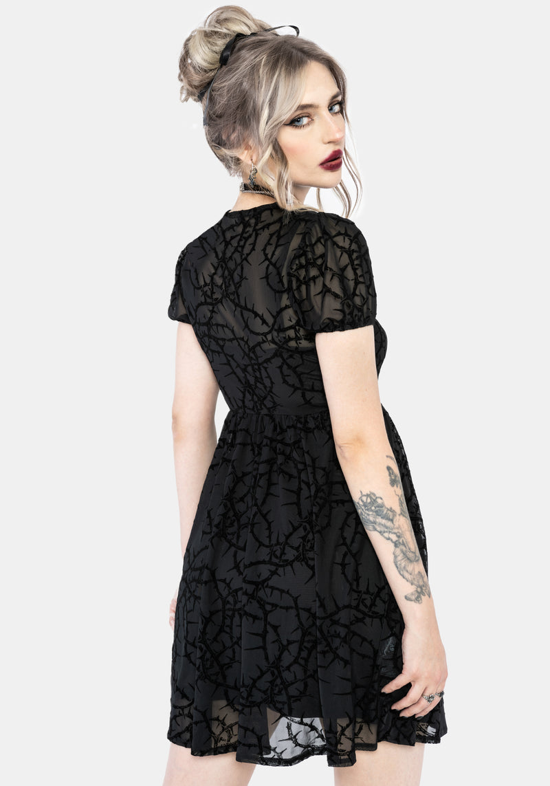 Prickle Thorn Print Mesh Puff Sleeve Mini Dress - Black Disturbia Prickle Thorn Print Mesh Puff Sleeve Mini Dress - Black Disturbia