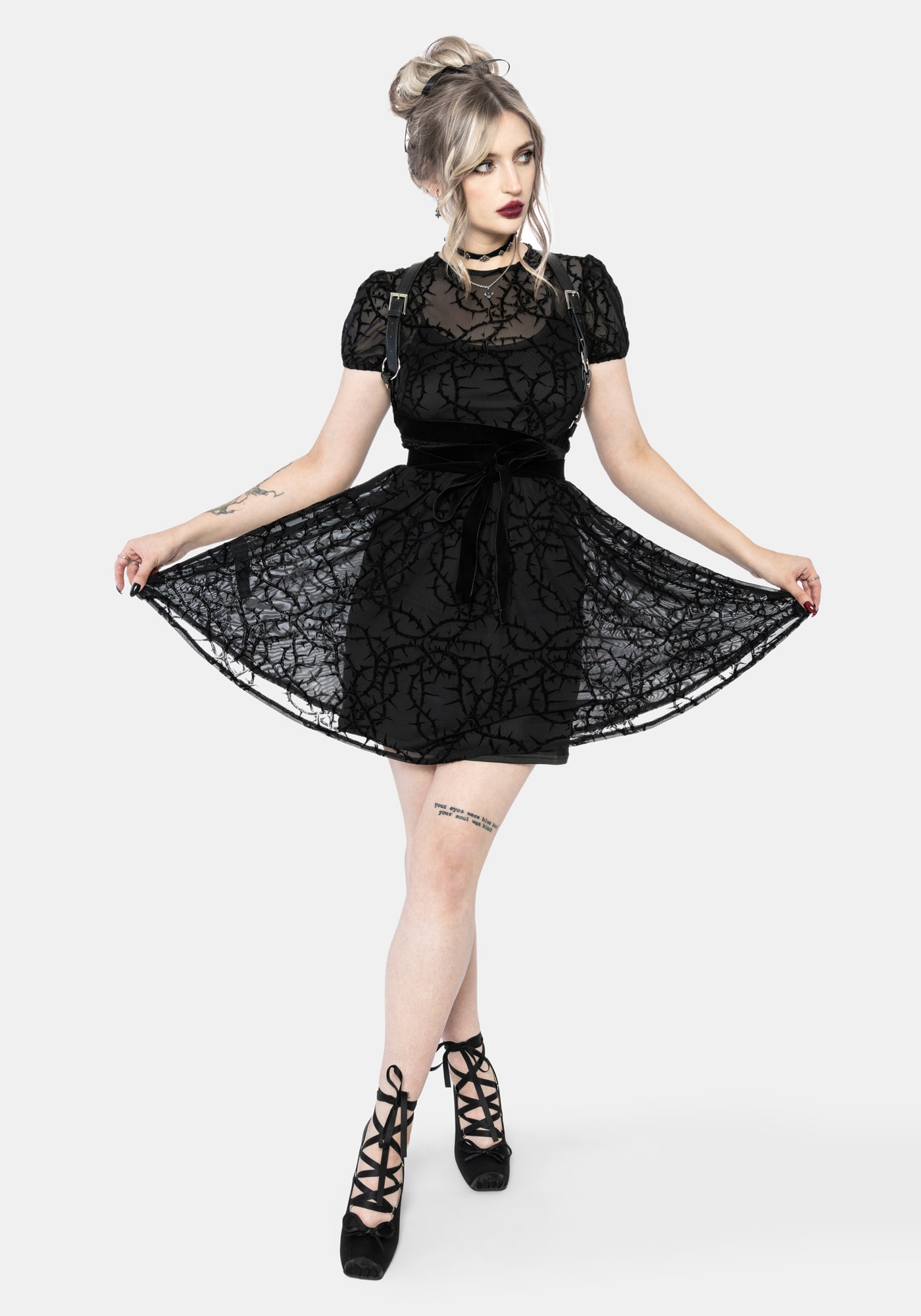 Prickle Thorn Print Mesh Puff Sleeve Mini Dress - Black – Disturbia