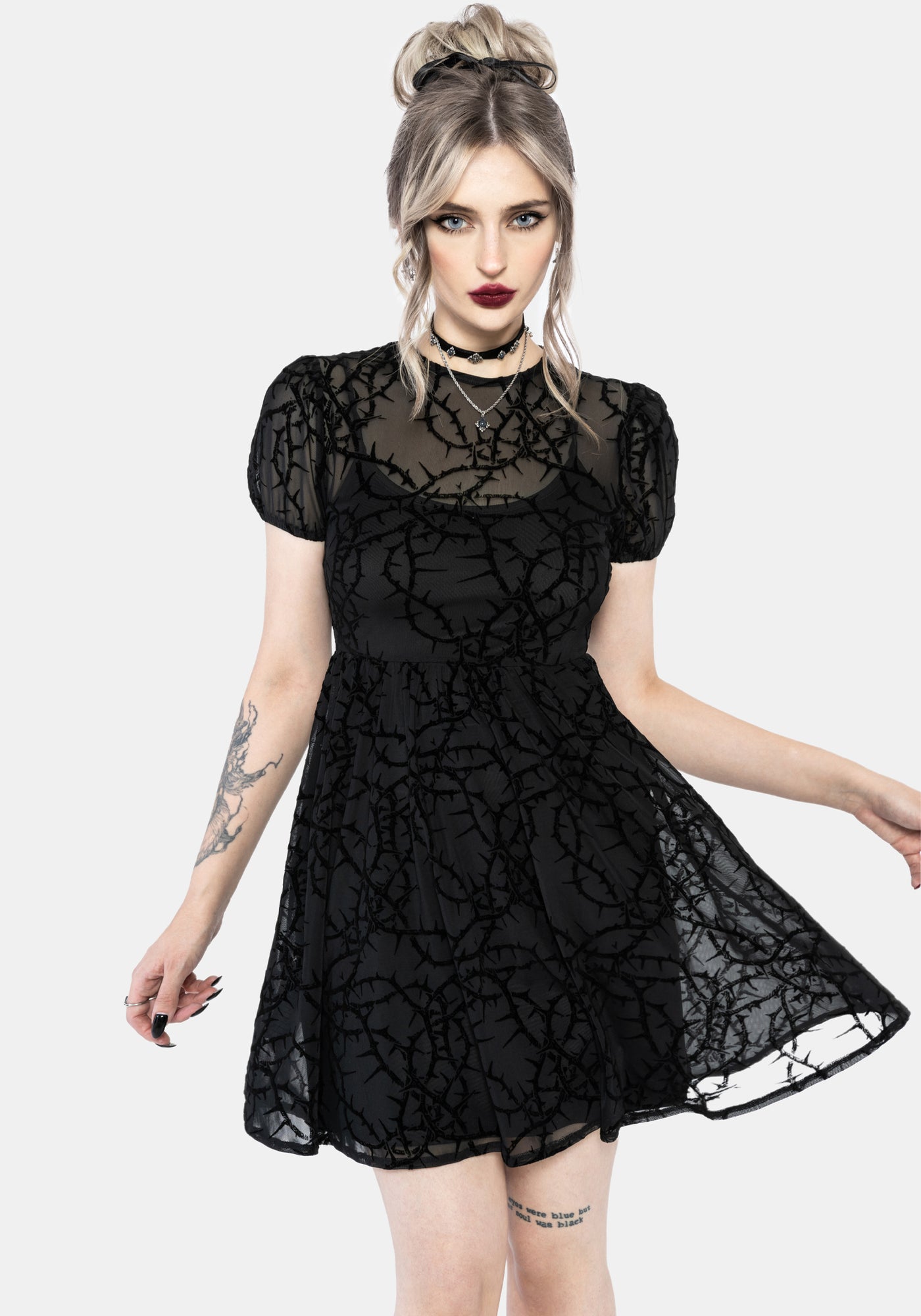 Prickle Thorn Print Mesh Puff Sleeve Mini Dress - Black – Disturbia
