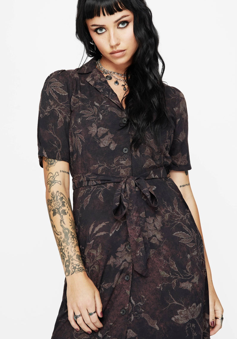 Ashmire Woodland Moth Print Midi Belted Shirt Dress – Disturbia