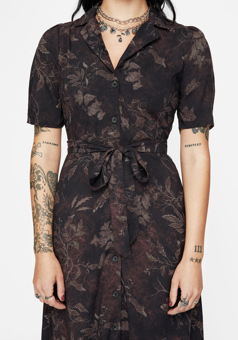 Ashmire Woodland Moth Print Midi Belted Shirt Dress