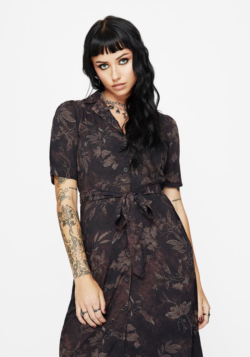 Ashmire Woodland Moth Print Midi Belted Shirt Dress