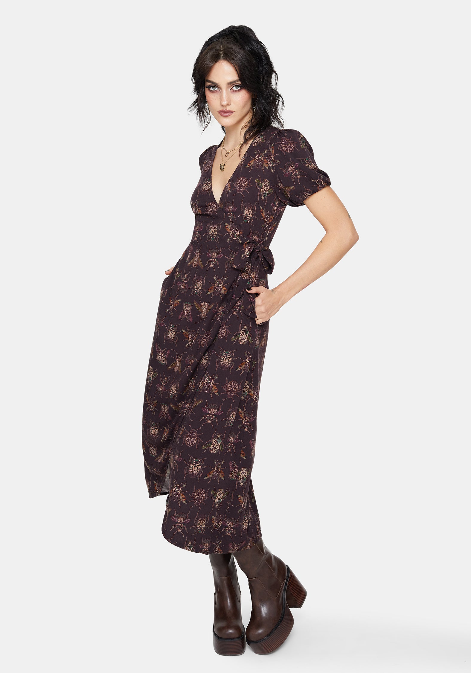 printed wrap midi dress The Coastal Poplin Puff-Sleeve Wrap Midi Dress