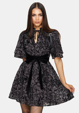 Thorned Flocked Chiffon Castle Print Yoke Front Frill Sleeve Mini Dress