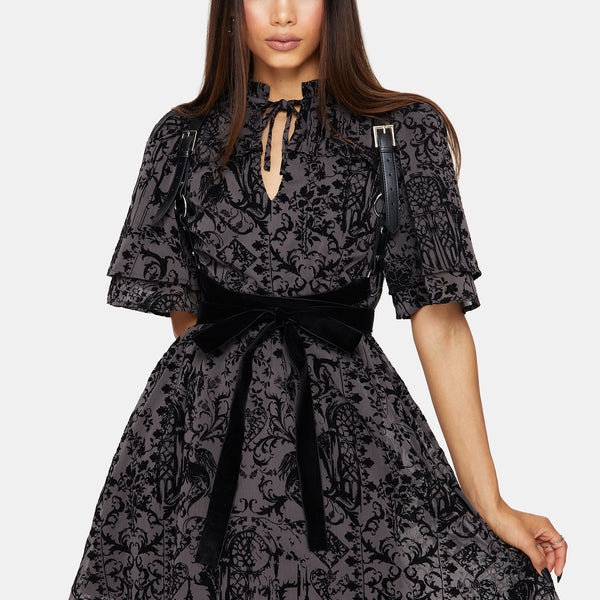 Thorned Flocked Chiffon Castle Print Yoke Front Frill Sleeve Mini